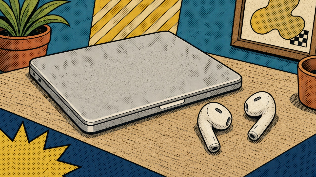 MacBook and AirPods on a desk. AirPoise never leaves the Mac — no account, no network.